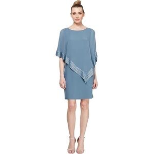 Gina Bacconi Lucy Metallic Trim Asymmetric Dress in Silver Blue MOB MOG Size 14